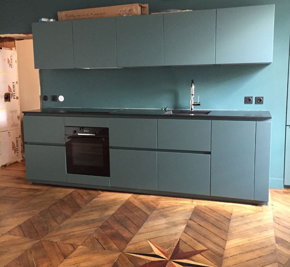 Cuisine Parisienne une ligne avec réfrigérateur encastré dans mur