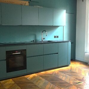Cuisine Parisienne une ligne avec réfrigérateur encastré dans mur
