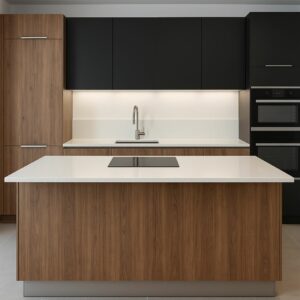 cuisine ilot central bois fonce et quartz blanc